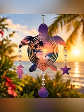 Tropical Sunset Sea Turtle Wind Spinner with Crystal Charms